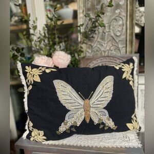 MT JONES black linen gold embroidered butterfly accent pillow fringe zipper